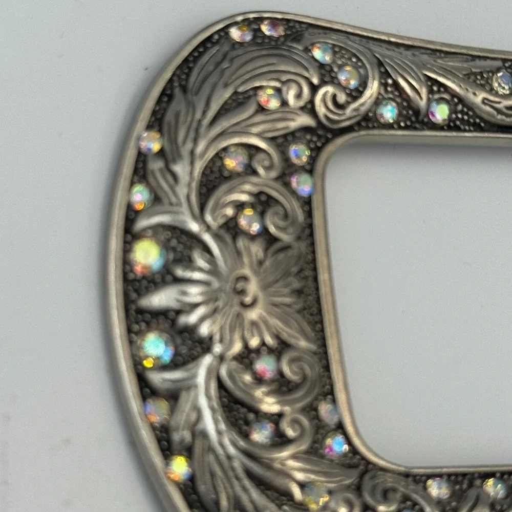 Western Floral Engraved Silver Tone Belt Buckle Iridescent Rhinestones‎